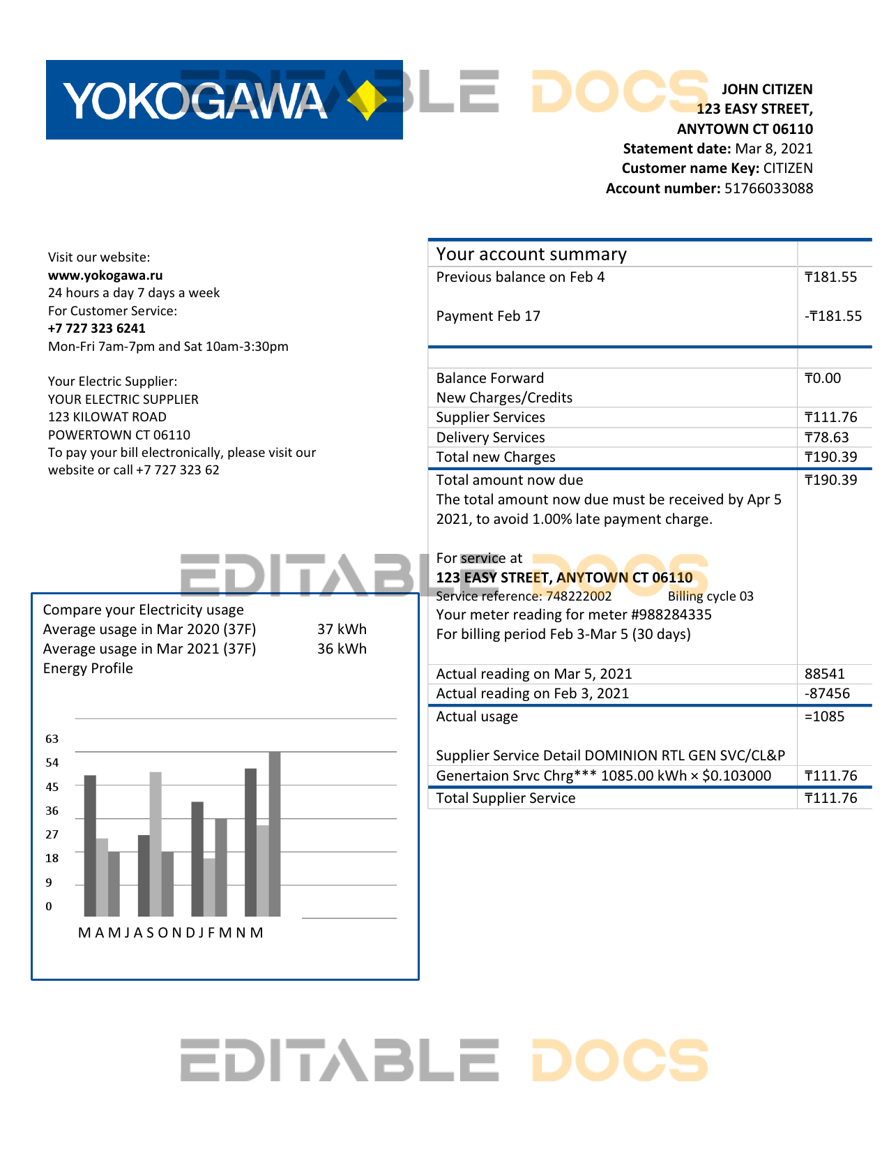 Kazakhstan Yokogawa Electric Kazakhstan utility bill template in Word and PDF format (.doc and .pdf)