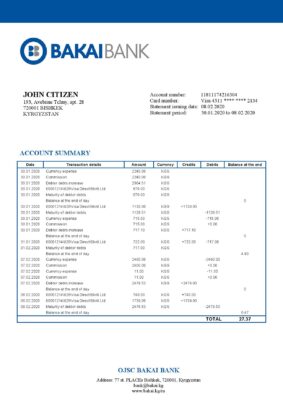 Kyrgyzstan OJSC Bakai Bank proof of address bank statement template in Word and PDF format
