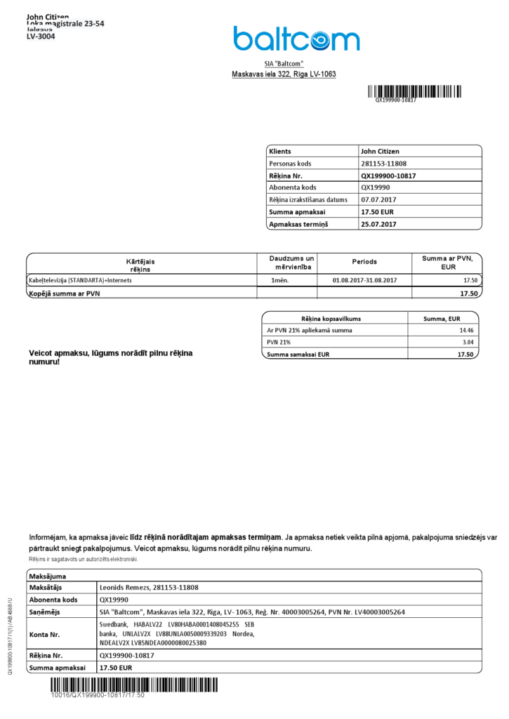Latvia Baltcom telecommunications utility bill template in Word and PDF format (English version)
