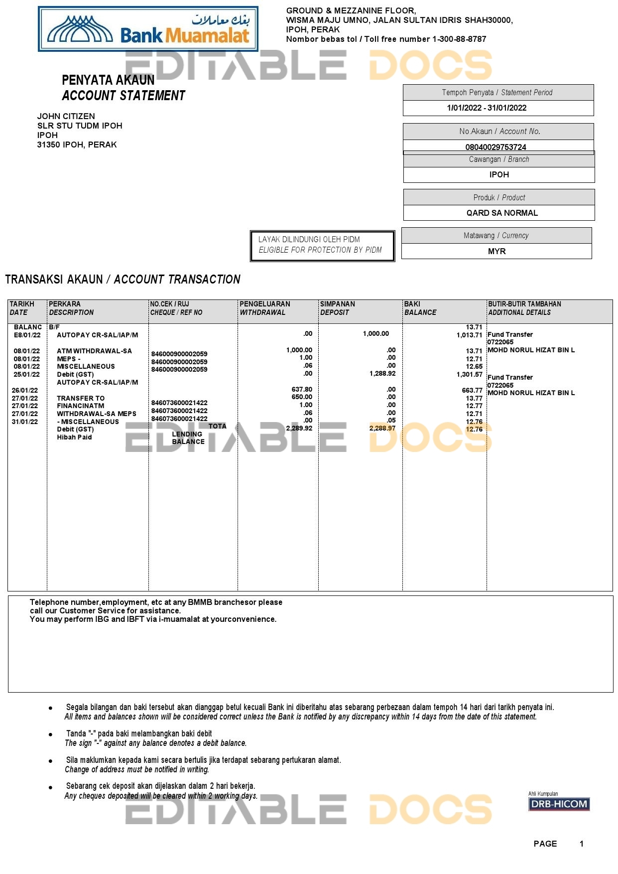 Malaysia Bank Muamalat bank account statement, Word and PDF template