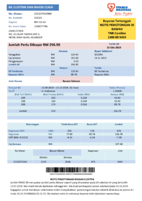 Malaysia Tenaga Nasional electricity utility bill template in Word and PDF format