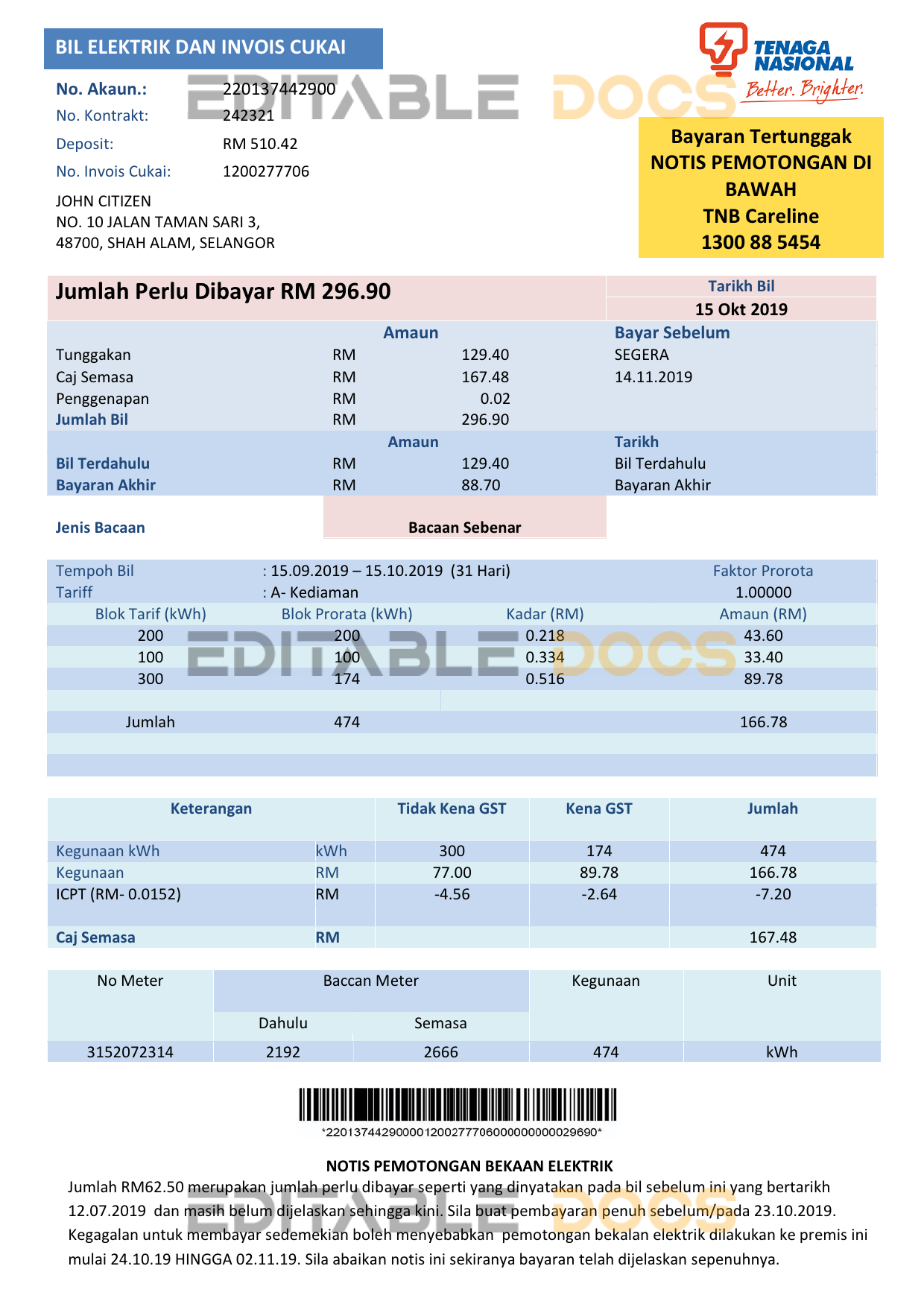 Malaysia Tenaga Nasional electricity utility bill template in Word and PDF format