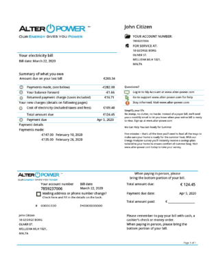 Malta AlterPower Malta proof of address utility bill template in Word and PDF format