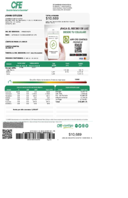 Mexico Federal Electricity Commission (CFE) utility bill template in Word format, 2 pages