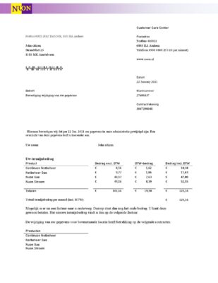 Netherlands NUON gas utility bill template in Word and PDF format in Dutch language