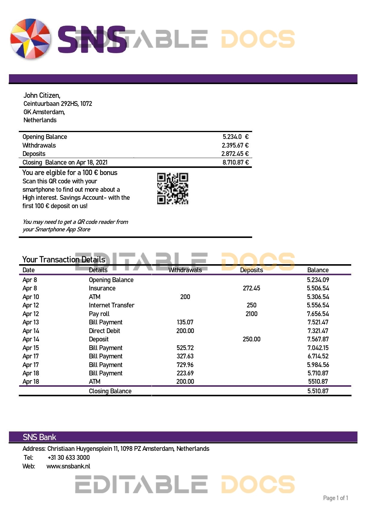 Netherlands SNS bank statement template in Word and PDF format