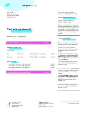 England Editable Templates 4 United Kingdom Octopus Energy utility bill template in Word and PDF format, 3 pages