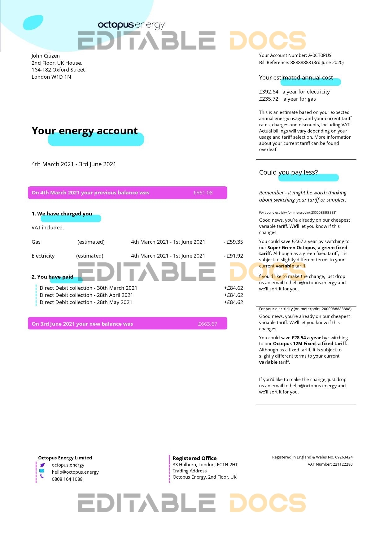 United Kingdom Octopus Energy utility bill template in Word and PDF format, 3 pages