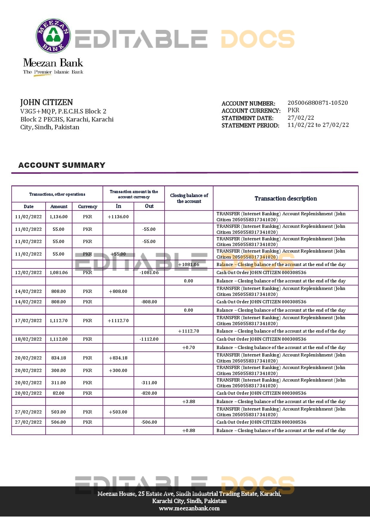 Pakistan Meezan bank statement template in Word and PDF format