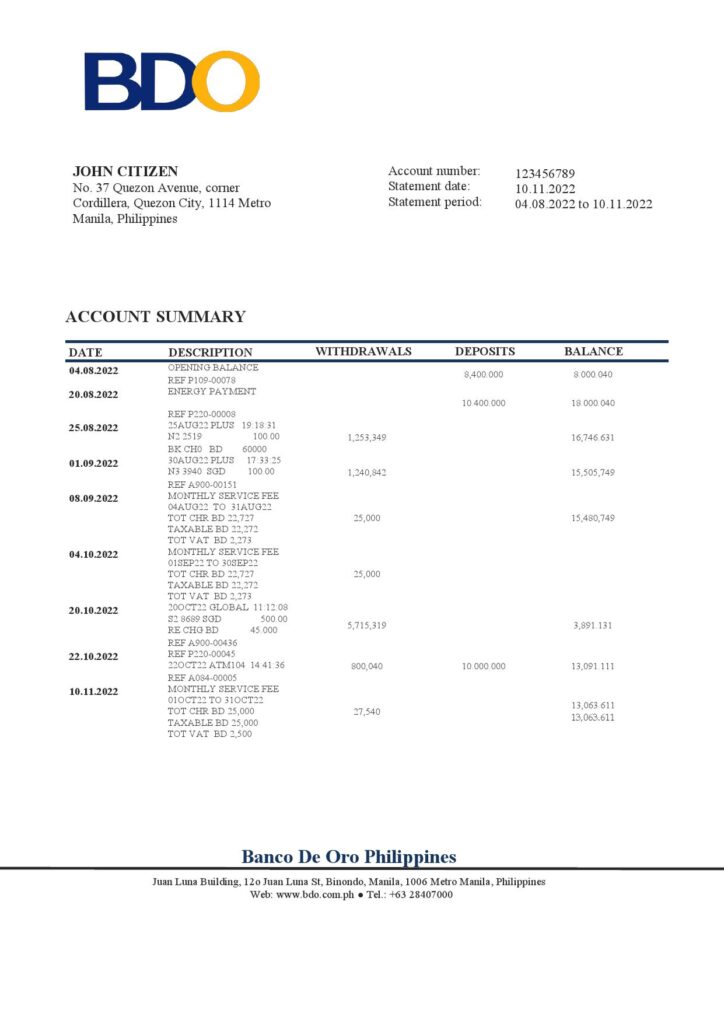 Philippines BDO bank statement template in Word and PDF format