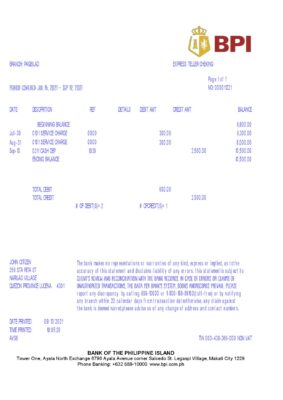 Philippines Bank of the Philippine Islands (BPI) bank statement template in Excel and PDF format, version 2