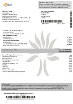 Romania Enel electricity proof of address utility bill template in Word and PDF format (.doc and .pdf)