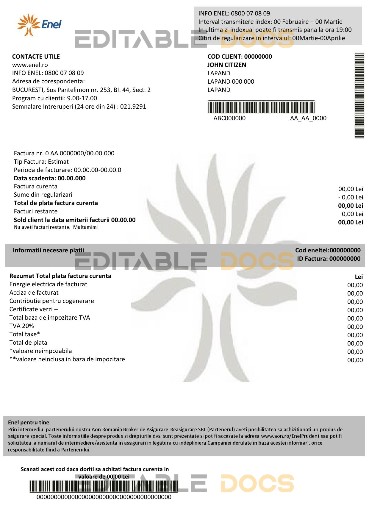 Romania Enel electricity proof of address utility bill template in Word and PDF format (.doc and .pdf)