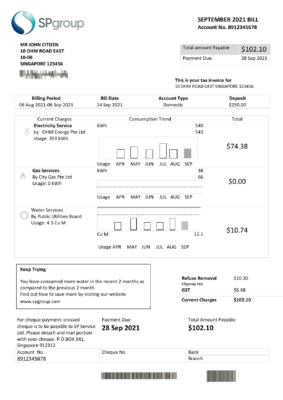 Singapore SP Group utility bill template in Word and PDF format (2 pages)
