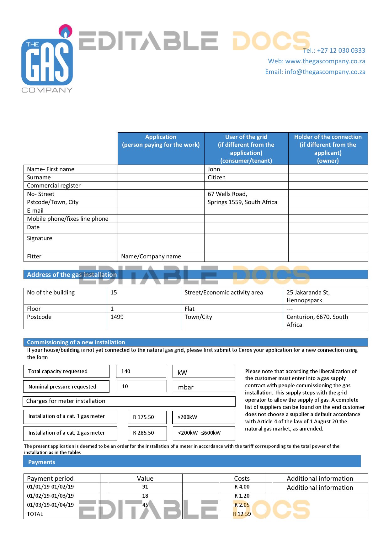 South Africa The GAS Company gas utility bill template in Word and PDF format