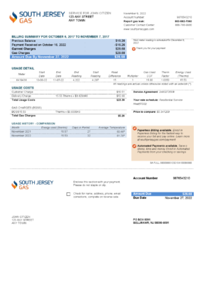 USA New Jersey South Jersey Gas utility bill template in Word and PDF format