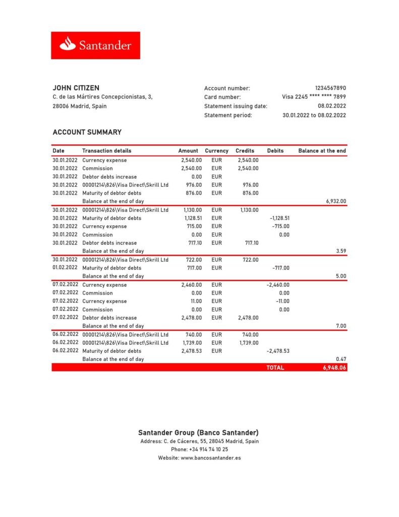 Spain Santander bank statement, Excel and PDF template