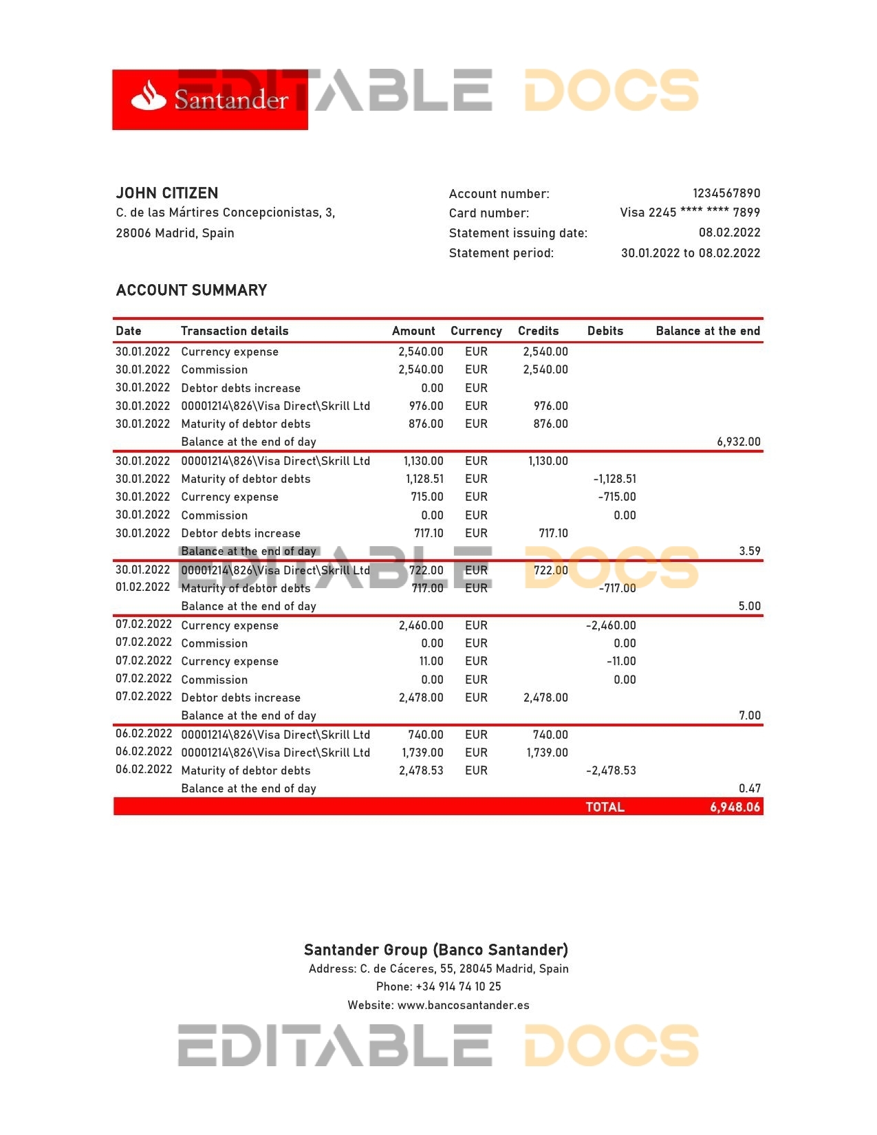 Spain Santander bank statement, Excel and PDF template