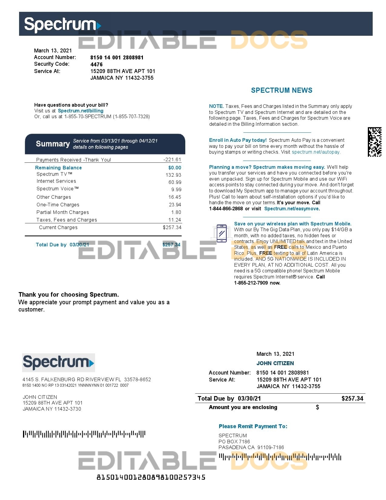 USA Spectrum utility bill template in Word and PDF format (4 pages)