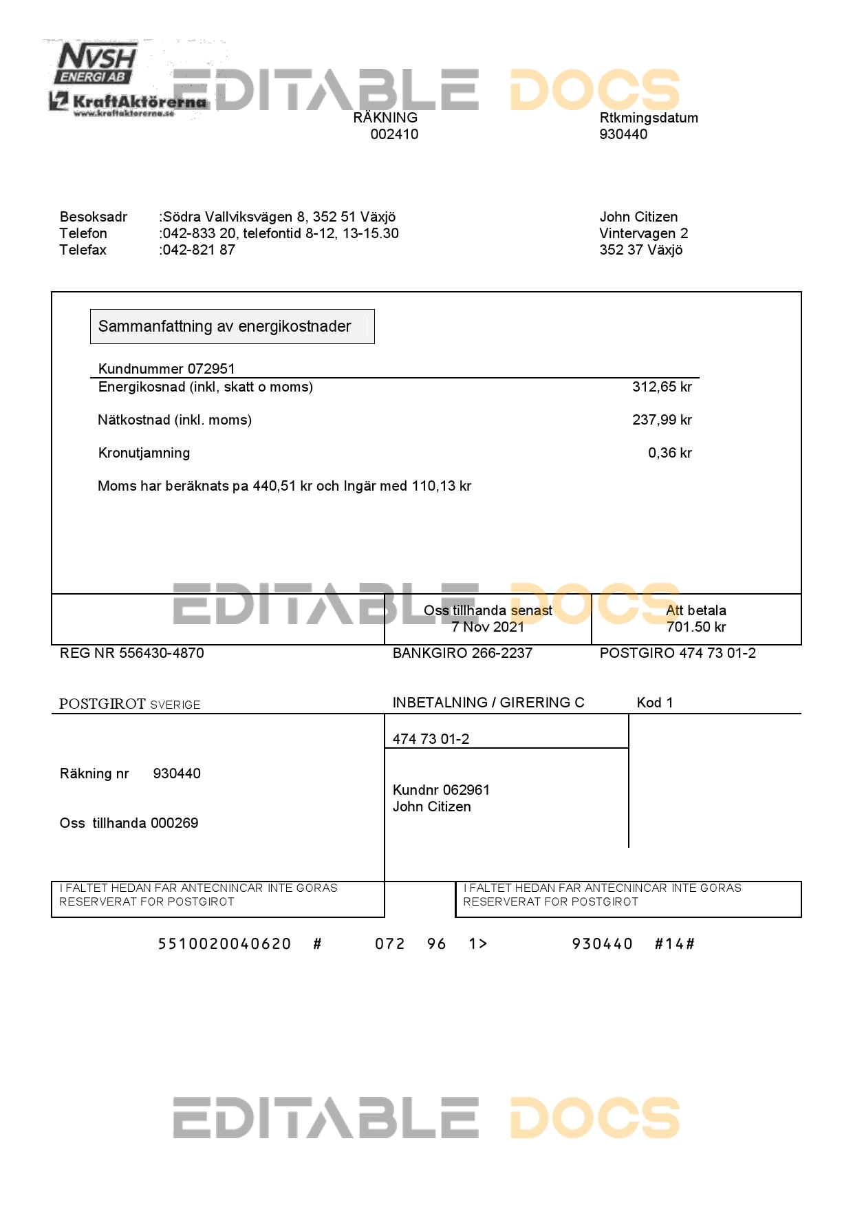 Sweden NVSH Energi utility bill template in Word and PDF format