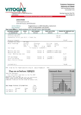 Switzerland Vitogaz Switzerland AG utility bill template, fully editable in Word and PDF format