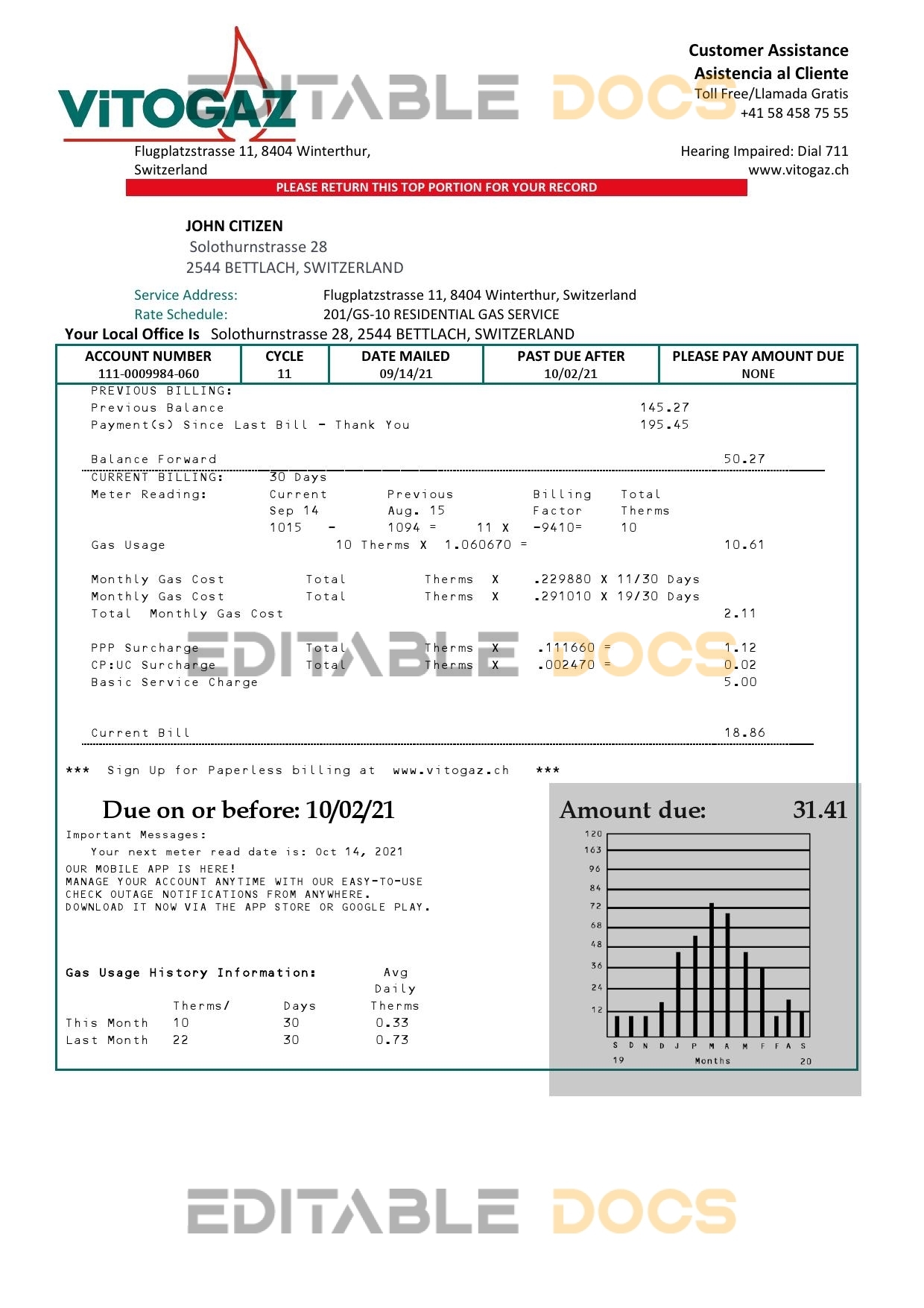 Switzerland Vitogaz Switzerland AG utility bill template, fully editable in Word and PDF format