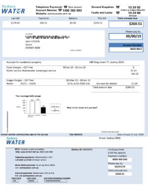 Australia Sydney water utility bill template, fully editable in Word and PDF format
