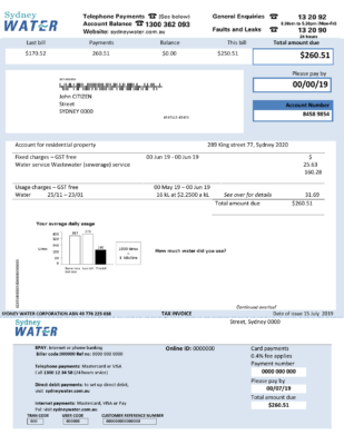 Australia Sydney water utility bill template, fully editable in Word and PDF format