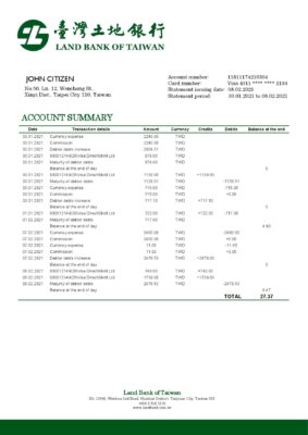 Taiwan Land Bank of Taiwan bank statement template in Word and PDF format, good for address prove