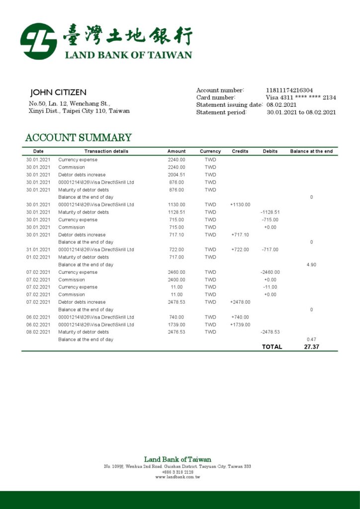 Taiwan Land Bank of Taiwan bank statement template in Word and PDF format, good for address prove\taiwan_land_bank_of_taiwan_word_pdf__55100