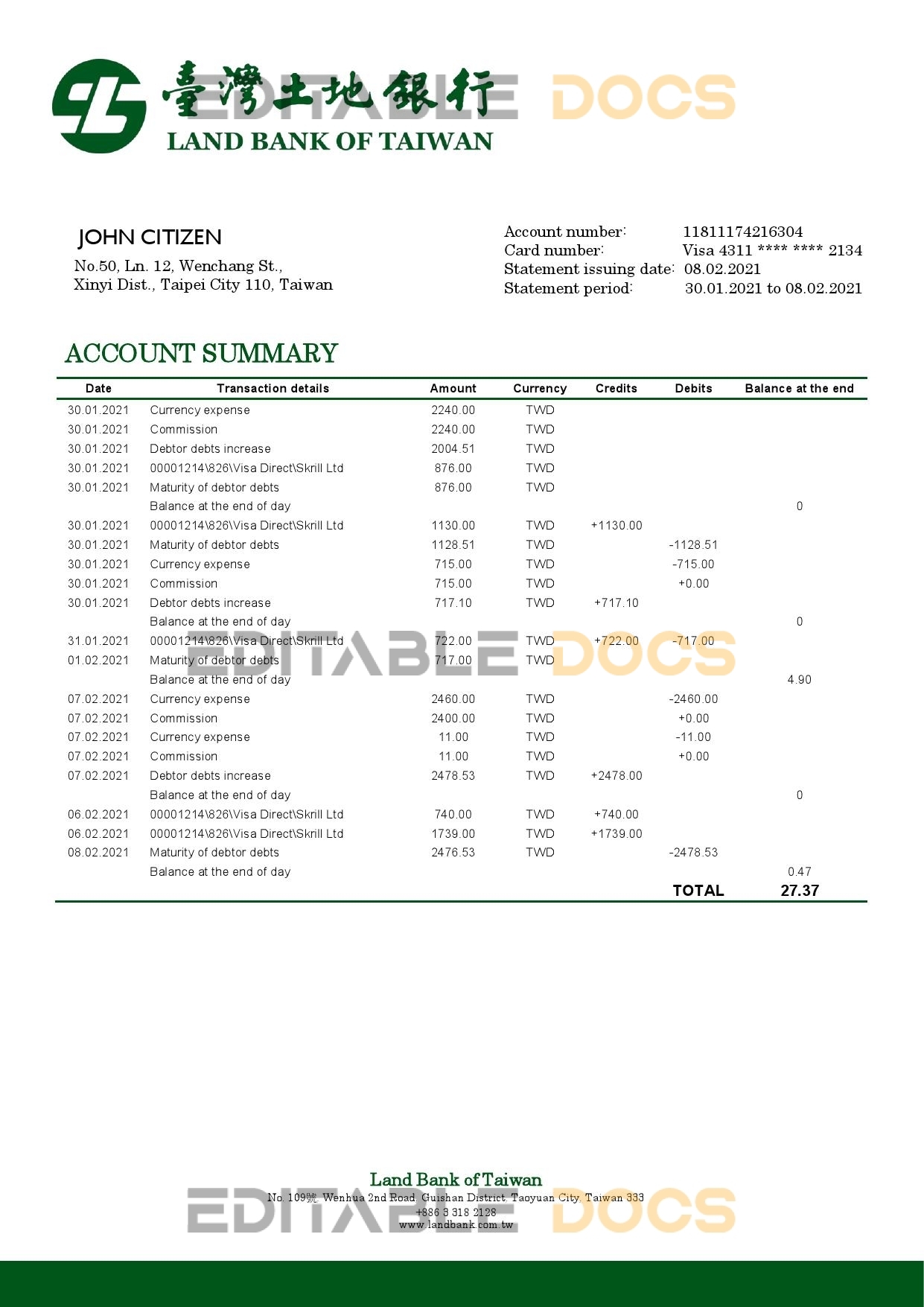 Taiwan Land Bank of Taiwan bank statement template in Word and PDF format, good for address prove