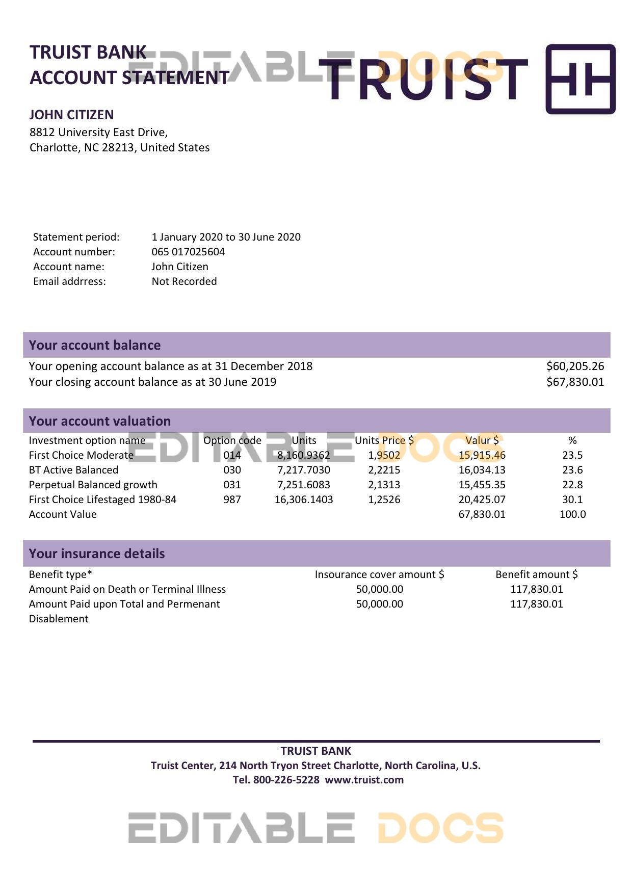 USA Truist bank proof of address statement template in Word and PDF format