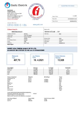 Turkey Gediz Elektrik utility bill template in Word and PDF format, fully editable
