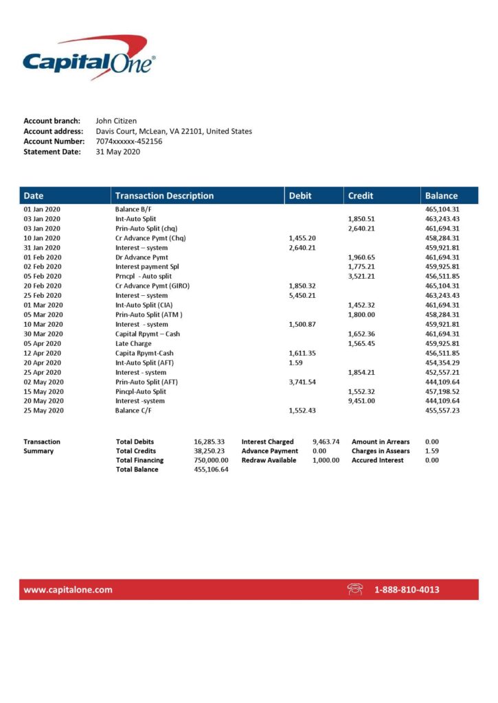 USA Capital One bank statement template, Word and PDF format (.doc and .pdf)