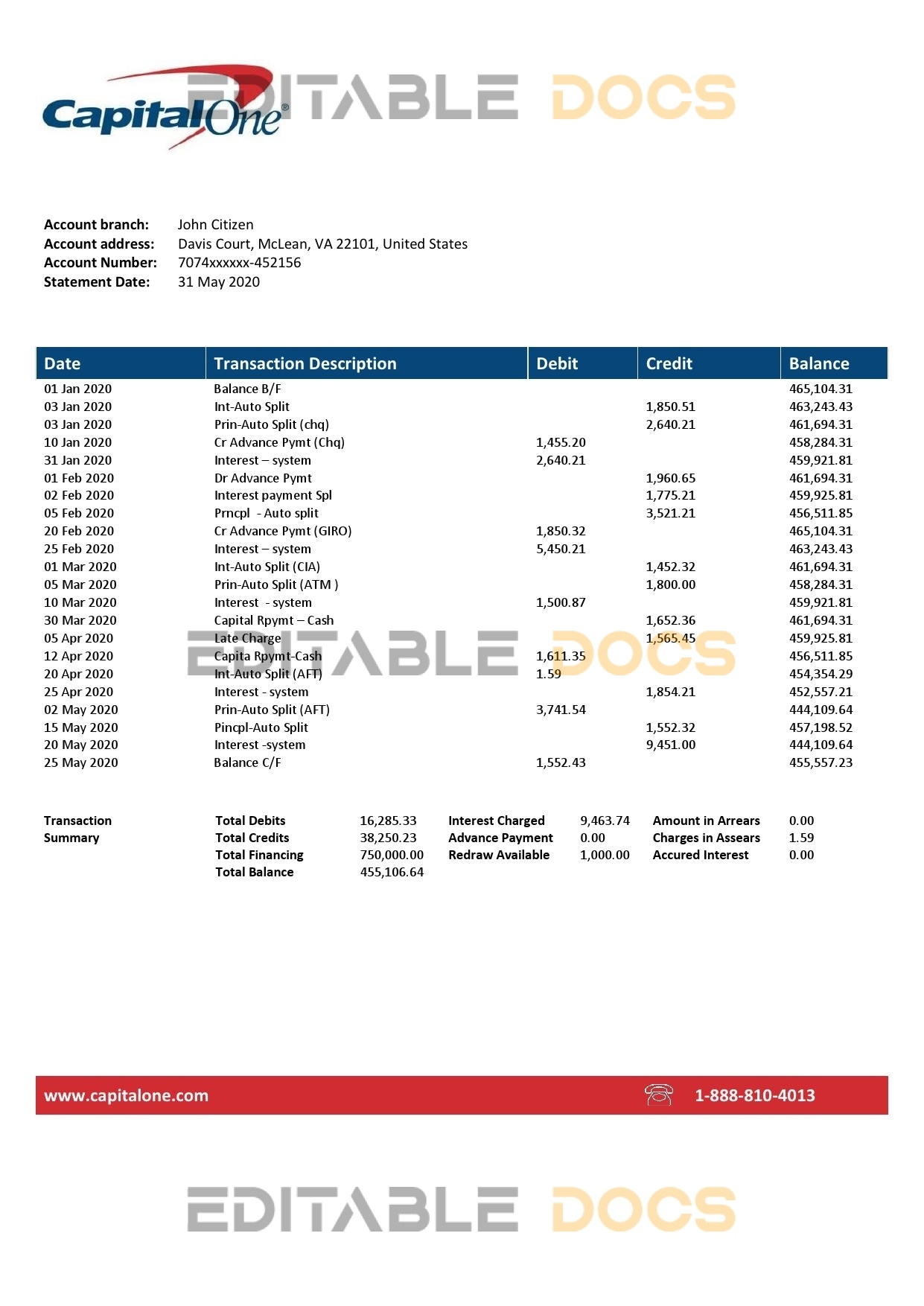 USA Capital One bank statement template, Word and PDF format (.doc and .pdf)