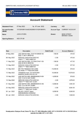 UAE Dubai NBD bank statement Word and PDF template, version 2
