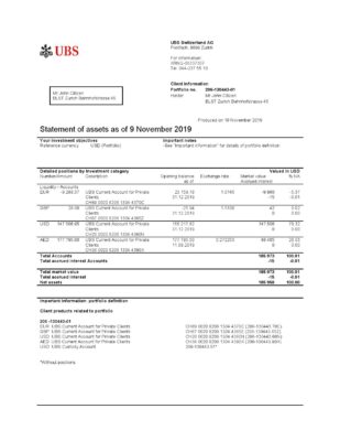 Switzerland UBS bank statement template in Word and PDF format, version 2