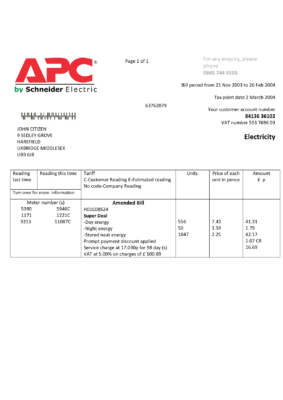 England Editable Templates 3 United Kingdom APC electricity utility bill template in Word and PDF format