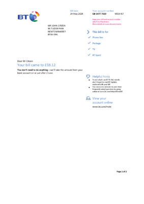 England Editable Templates 6 United Kingdom BT utility bill template in Word and PDF format, 2 pages