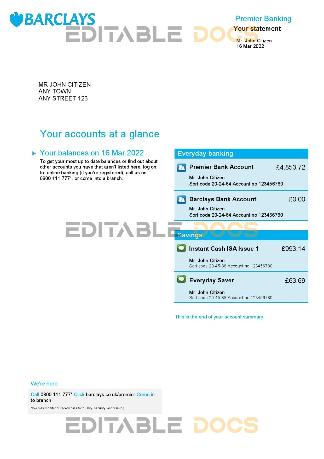 United Kingdom Barclays bank statement, Word and PDF template, 4 pages, version 2