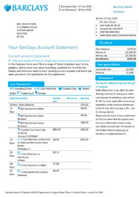 England Editable Templates 2 United Kingdom Barclays bank account statement template in Word and PDF format, version 1