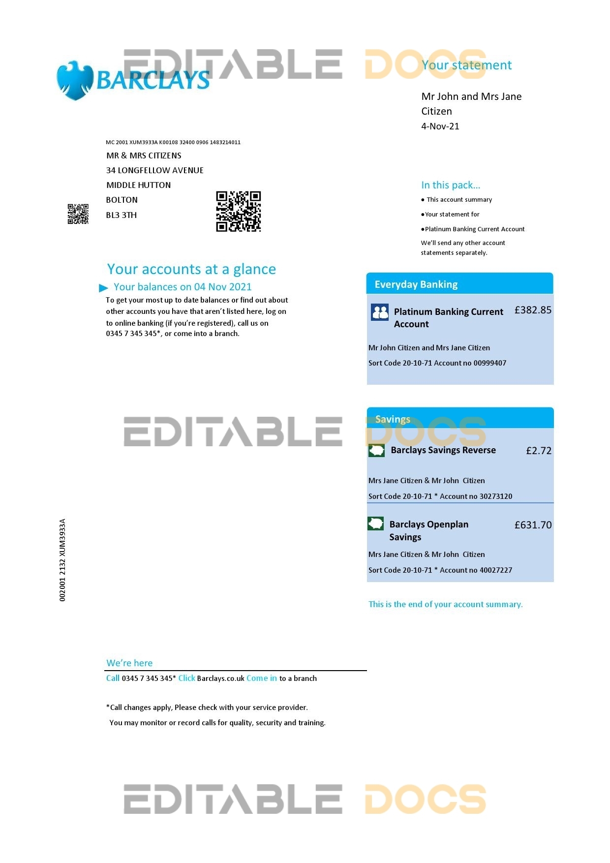 United Kingdom Barclays bank statement template in .xls and .pdf format, version 2