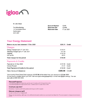 England Editable Templates 4 United Kingdom Igloo Energy utility bill template in Word and PDF format
