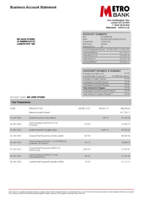 England Editable Templates 14 United Kingdom Metro bank business account statement Word and PDF template, 4 pages