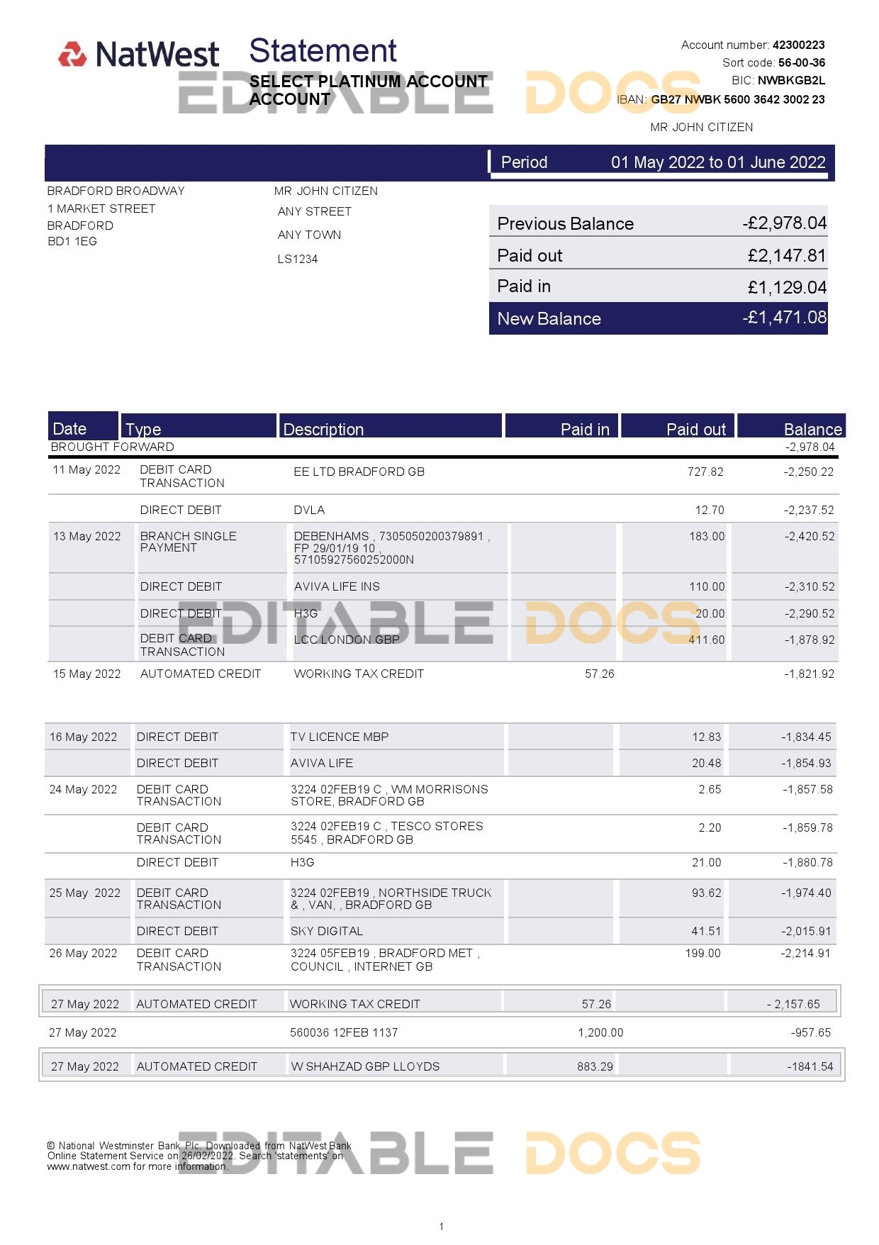 United Kingdom NatWest bank statement, Word and PDF template, 2 pages, version 2
