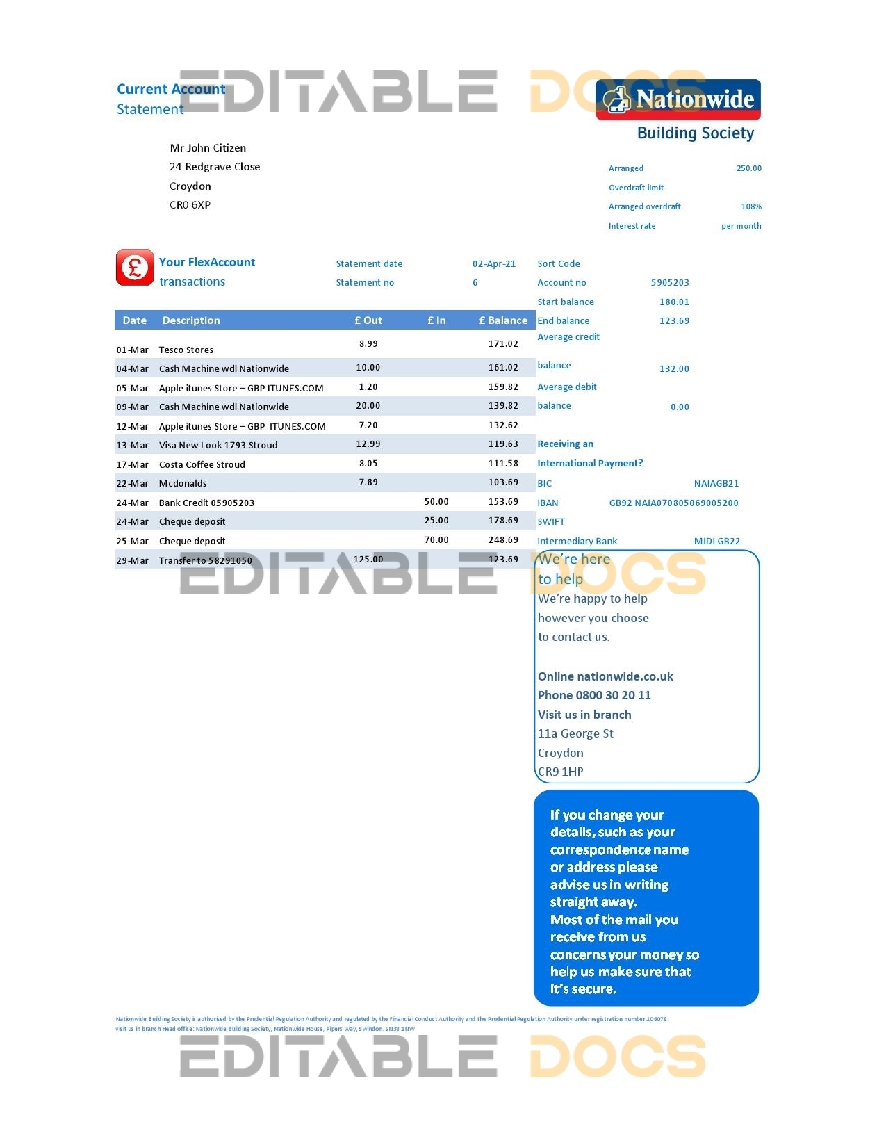 United Kingdom Nationwide bank statement template in Excel and PDF file format