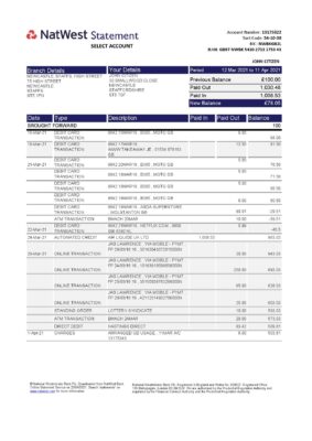 England Editable Templates 3 United Kingdom Natwest bank statement template in Excel and PDF format (2 pages)