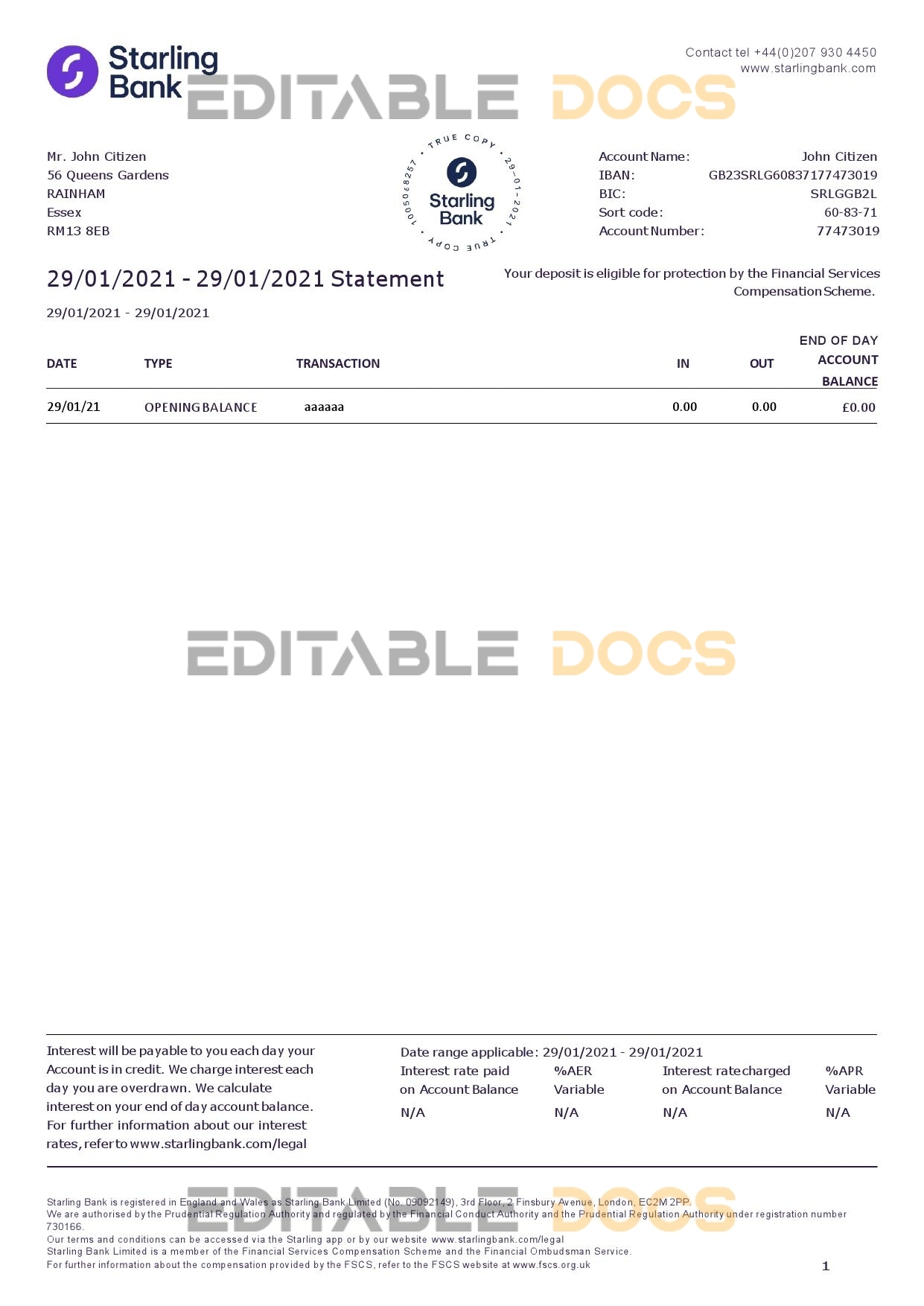 United Kingdom Starling bank statement template in Word and PDF format, good for address prove