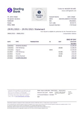 England Editable Templates 4 United Kingdom Starling bank statement template in .xls and .pdf file format, good for address prove