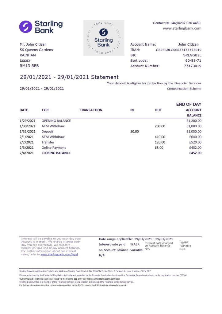 United Kingdom Starling bank statement template in .xls and .pdf file format, good for address prove